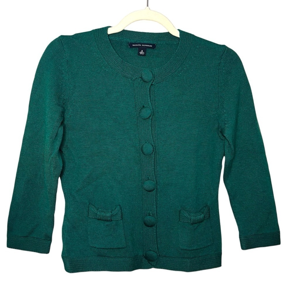 Banana Republic 100% Extra Fine Merino Wool 3/4 Sleeve Cardigan Green Size Small